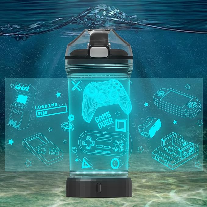 Kids Water Bottle with Video Game Design 3D Glowing LED Light-Tritan BPA Free,Perfect for Back-to-School Season, Girls, Boys, Kids, Holiday Camping, Picnic Gifts - 14 oz Travel Mug