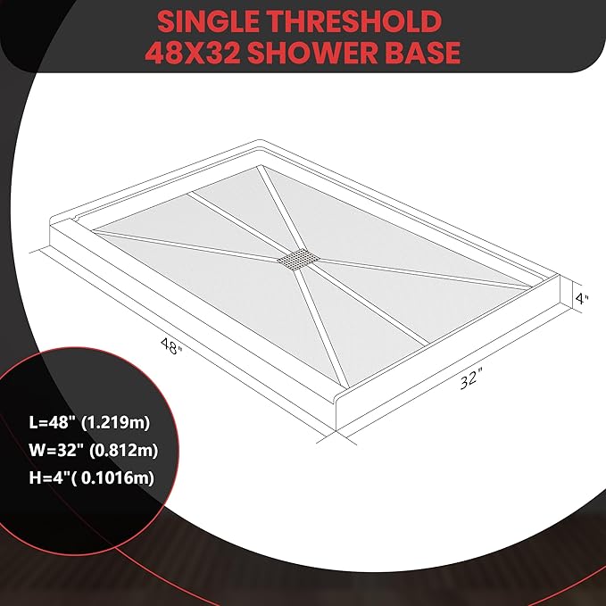 Shower Base 48"×32"×4", Single Threshold Shower Tray with Center Drain, Rectangle SMC Shower Pan, White Slip Resistant Textured Surface Shower Base for Bathroom