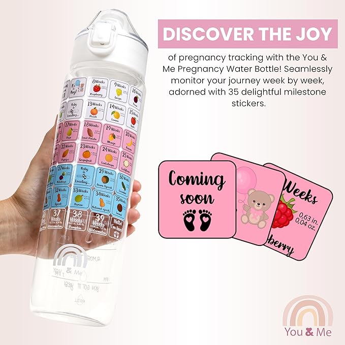 Pregnancy Water Bottle Tracker (32oz)-Essential Maternity Must-Have with Milestone Stickers -Pregnancy Gifts for Expecting Moms-Pregnancy Essentials Nausea Relief - BPA-Free