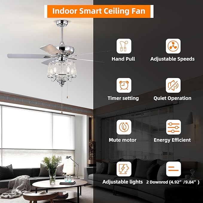 NicBex Ceiling Fan 52 Inch Modern Ceiling Fan with Lights Ceiling Fans with 5 Reversible Blades and Remote Control Ceiling Fan with Crystal Shade for Bedroom, Living Room, Silver