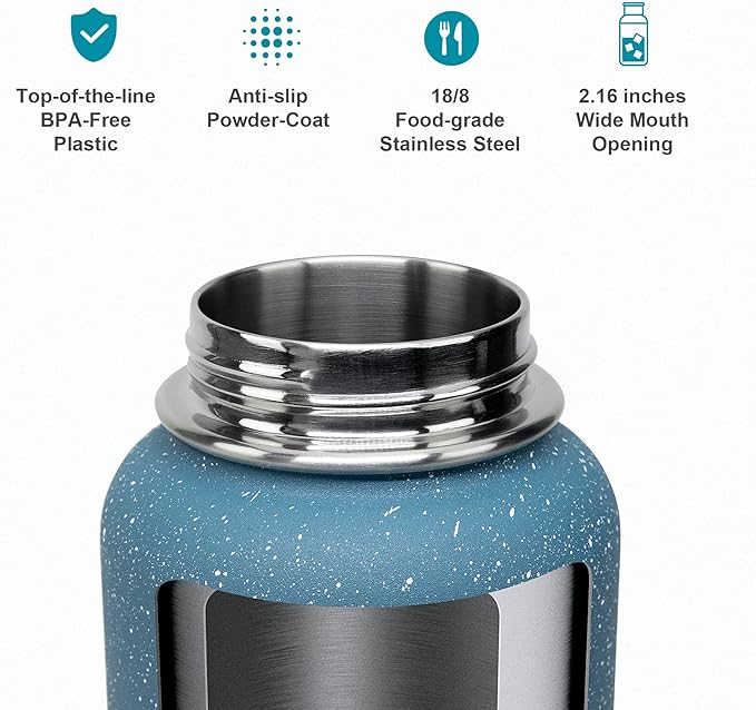 BUZIO Water Bottle with Straw lid, Spout Lid, Hand Lid and Carrying Pouch, 32oz 40oz 64oz Stainless Steel Water Flask Jug, Cold for 48 Hrs Hot for 24 Hrs Double Vacuum Thermo Canteen Mug, BPA-Free