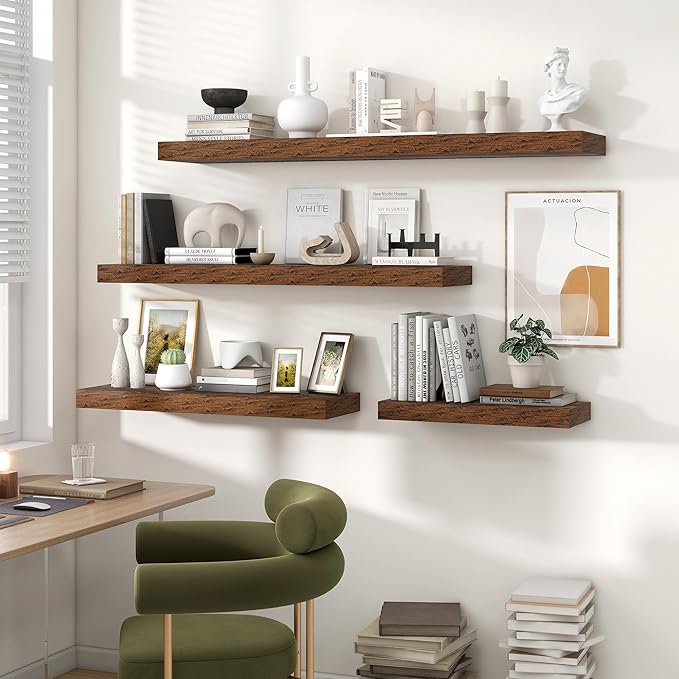 Heimlove 48" Floating Shelves for Wall,10 Deep Rustic Brown Wood Display & Storage Wall Shelves with Heavy Duty Brackets for Bathroom,Bedroom,Kitchen,Living Room,Office,Set of 2