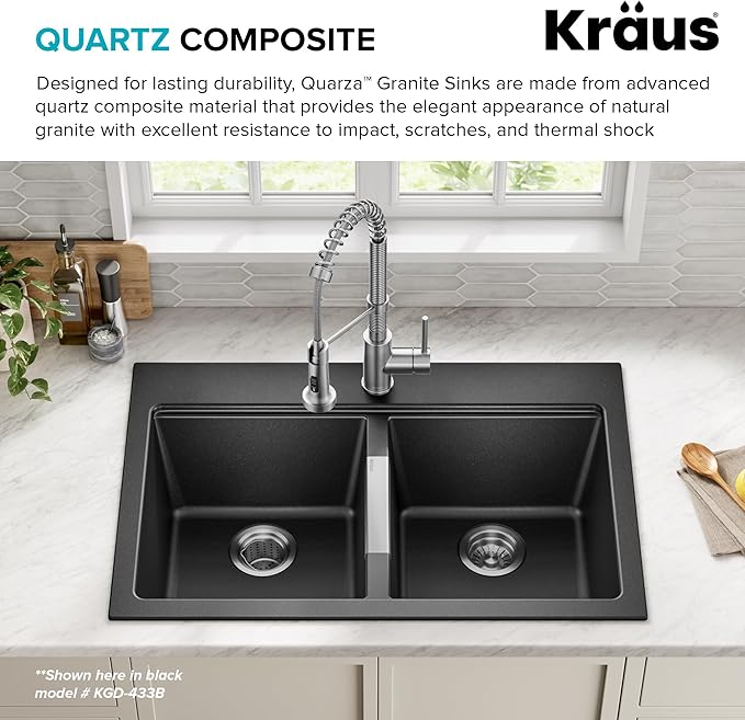 KRAUS Quarza 33-inch Granite Drop-In/Undermount 50/50 Double Bowl White Kitchen Sink, KGD-433BWHITE