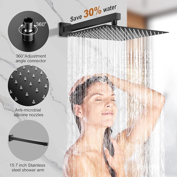JOMEOO® 12 Inch Matte Black Shower System, Wall Mounted High Pressure Rain Shower Head with Handheld Sprayer, Bathroom Luxury Black Shower Head Shower Faucet Set Rough in Valve Body and Trim