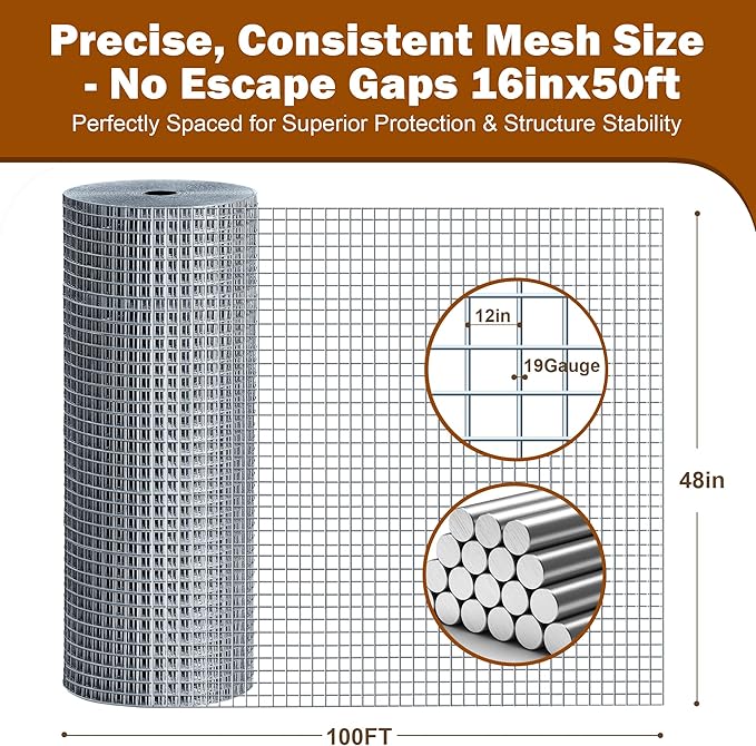 Hardware Cloth 1/2in 48in x100ft Hot Dip Galvanized Rust Resistant Welded Wire Mesh,Chicken Wire Fence Garden Plants Fencing,Chicken Coop Rabbit Poultry Critters Metal Cage Roll