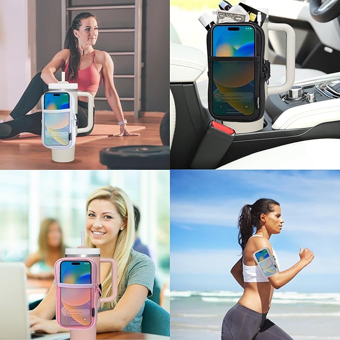 Water Bottle Pouch for Stanley Cups with 20oz 30oz 40oz Stanley Quencher Adventure & Stanley IceFlow, Gym Accessories for Women Tumbler Pouch with Strap & Zipper Cup Purse for Card Keys (White, Large)