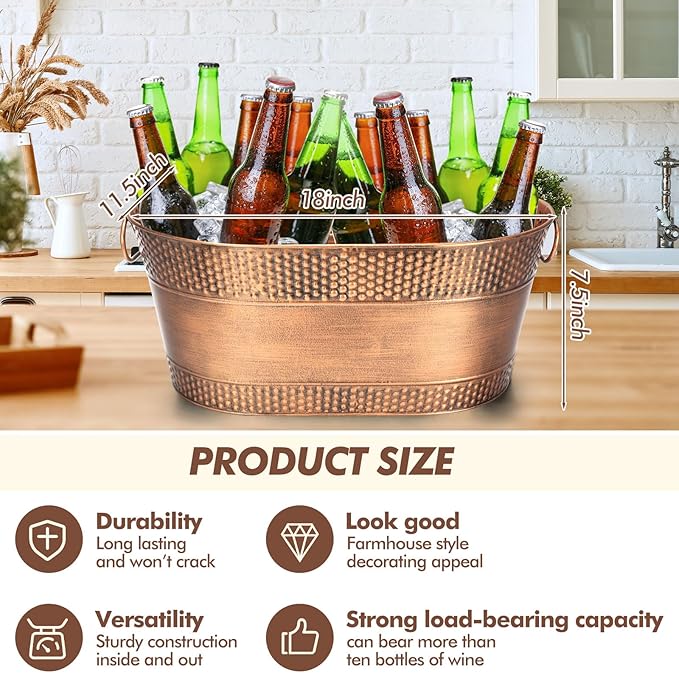 Nuogo 4 Pcs Stainless Steel Oval Ice Buckets for Parties 15 Qt/ 4 Gallon Galvanized Metal Drink Bucket with Handles Leak Resistant Beverage Tub Rustproof Wine Cooler Bucket Beverage Chiller(Bronze)