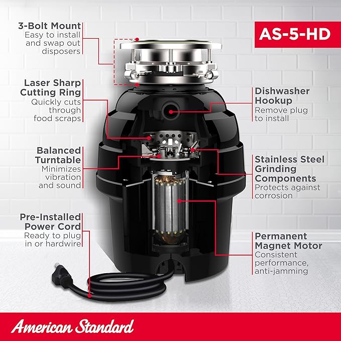 American Standard 10-US-AS-5-HD Garbage Disposal Anti-Jam Stainless Steel Food Waste Grinding System, Heavy Duty, 1/2 HP, Black