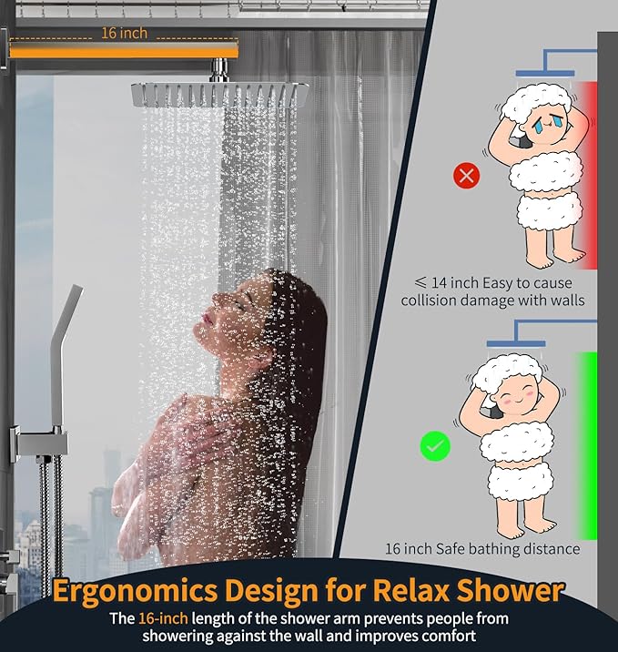 SR SUN RISE SRSH-D1203 12 Inches Bathroom Luxury Rain Mixer Shower Combo Set Wall Mounted Rainfall Shower Head System Polished Chrome Shower Faucet Rough-in Valve Body and Trim Included