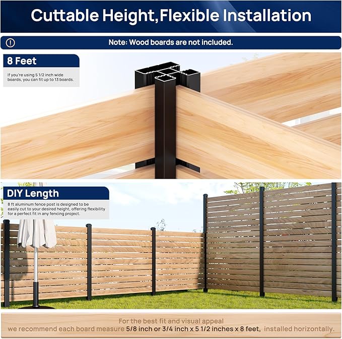 1 Pack 8FT Inground Aluminum Fence Posts for 6FT Privacy Panels, 3-Way Matte Black Wood Fence Posts, Rustproof & Weather-Resistant for Outdoor Use