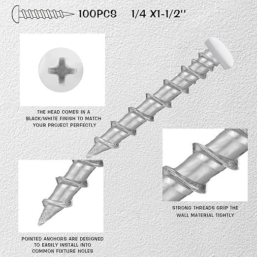 Blulu 100 Pcs Drywall Anchors 1/4 x 1-1/2 Inch White Pan Head Alloy Steel Light Wall Anchors Heavy Duty Self Drilling Screws for Drywall, Wood and Other Masonry Materials