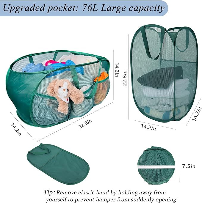 Collapsible Laundry Basket 2 pack, Mesh Pop Up Laundry Hampers with Handles, Anti-tear, Light Breathable, Odor-free, Fold Compact, Large Hold Portable Travel Laundry Bag for Home Bin, Green. H+V