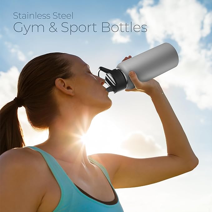 SipX™ Triple-Insulated Stainless Steel Water Bottle 32oz. With 3 Lids, BPA-Free Reusable Insulated Water Bottle Keeps Cold 24 Hours, Metal Water Bottle Made Of Sustainable Material For Hiking & Biking