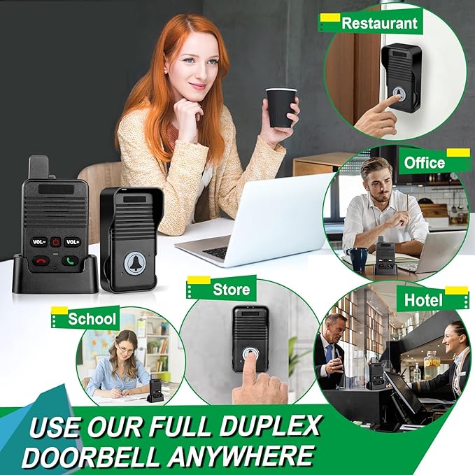 Wireless Doorbell, Hands Free Intercom Doorbells 1000ft Range, Full Duplex Two Way Communication Door Bell for Home, 8 Volume Levels with 4 Chimes & LED Flash (2Pack Black)