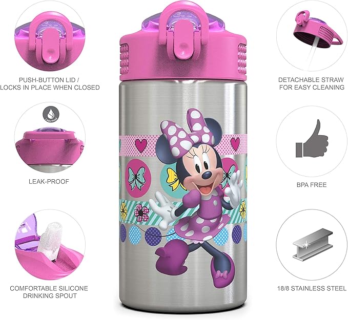 Zak Designs Disney Minnie’s Happy Helpers - Stainless Steel Water Bottle with One Hand Operation Action Lid and Built-in Carrying Loop, Kids Water Bottle with Straw Spout (15.5 oz, 18/8, BPA Free)
