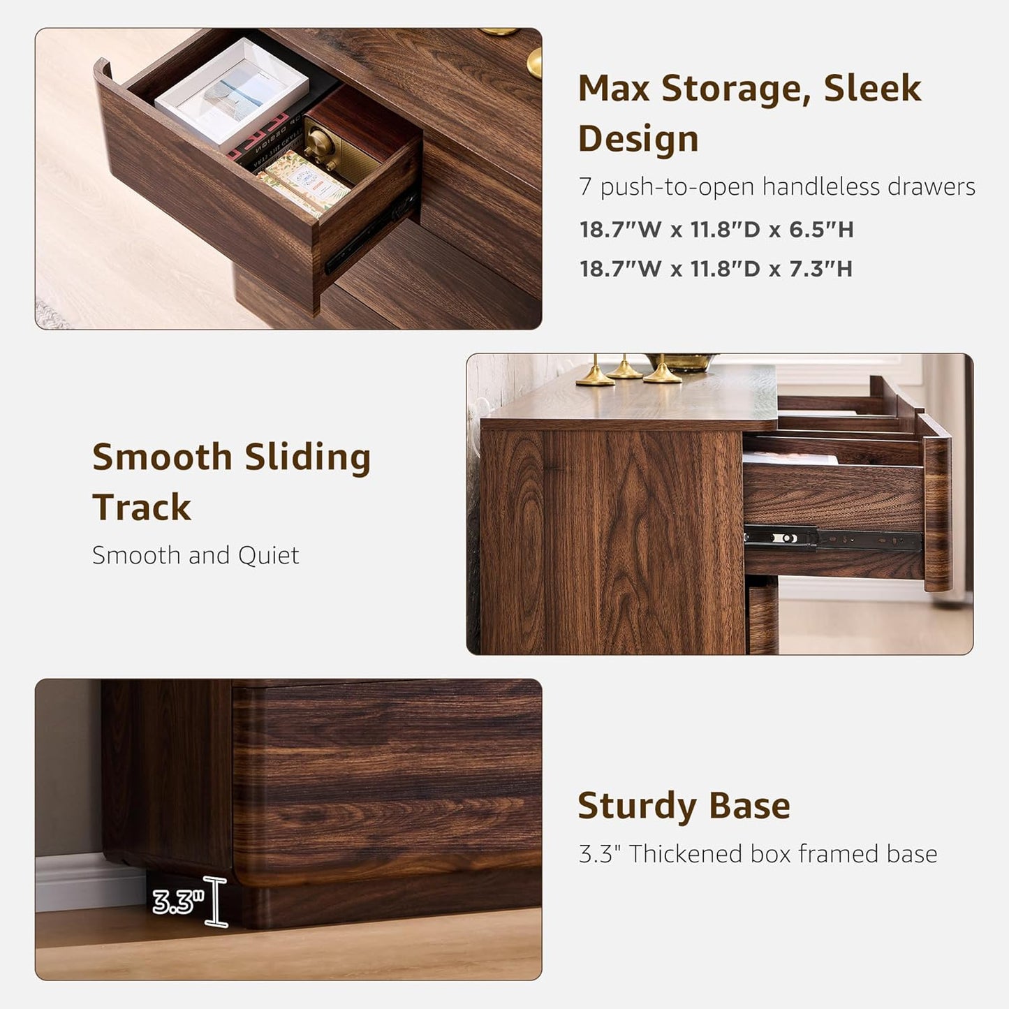Modern 7 Drawer Dresser for Bedroom, 52" Wide Handleless Chest of Drawers, Push-to-Open Large Wood Storage, Dresser TV Stand for Bedroom, Living Room, Hallway, Curved Profile, Brown