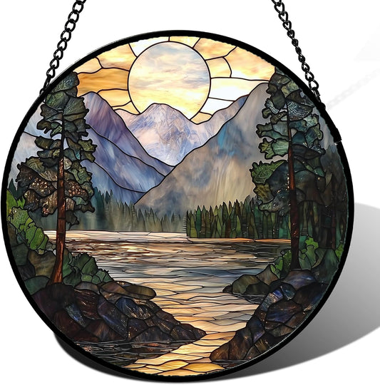 Stained Glass Window Hanging, Sunset Mountains Lake Tree Sun Catcher for Window Home Decor Landscape Suncatcher Mother's Day Birthday Gifts for Women Men Mom and Nana 9.8 in