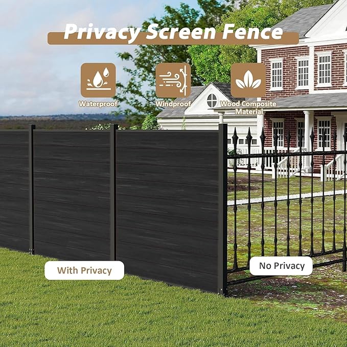 6x6 FT Wood Composite Privacy Fence Panel, Outdoor AC Unit Cover, Pool Equipment Screen, Trash Can Barrier | Weatherproof, Easy Installation, Durable Composite Fencing (Black with 2 Post)