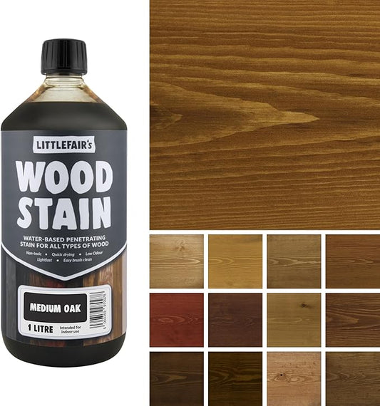 Littlefair's Wood Stain Water Based - 34oz/1ltr - Indoor Furniture Stain Light & Dark Finishes - Special Non Toxic & Eco Friendly Formula - Wood Stain for Crafts - Color: Medium Oak
