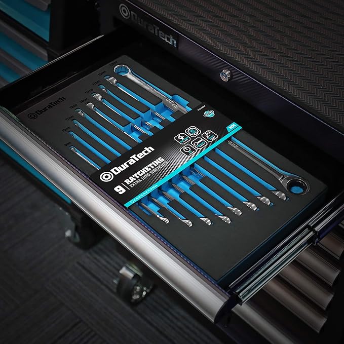 DURATECH Extra Long Ratcheting Wrench Set, Double Box End Wrench Set, Metric, 9-Piece, 8,10,12,13,14,16,17,19,22 mm, CR-V Steel, with EVA Foam Tool Organizer