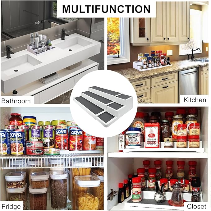 3 Tier Expandable Spice Rack Organizer, Plastic Spice Rack, Adjustable Length 14.6In-25.8In, Non-Skid Tiered Spice Shelf Organizer for Kitchen Cabinet, Cupboard, Pantry, White/Grey