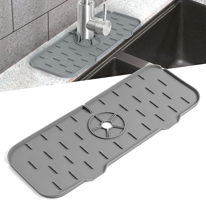 ExqNova Food Grade Silicone Sink Splash Guard, Faucet Drip Catcher Tray, Faucet Water Catcher Mat, Faucet Splash Guard, Sink Draining Pad Behind Faucet, Drip Protector Countertop, Grey Splash Guard