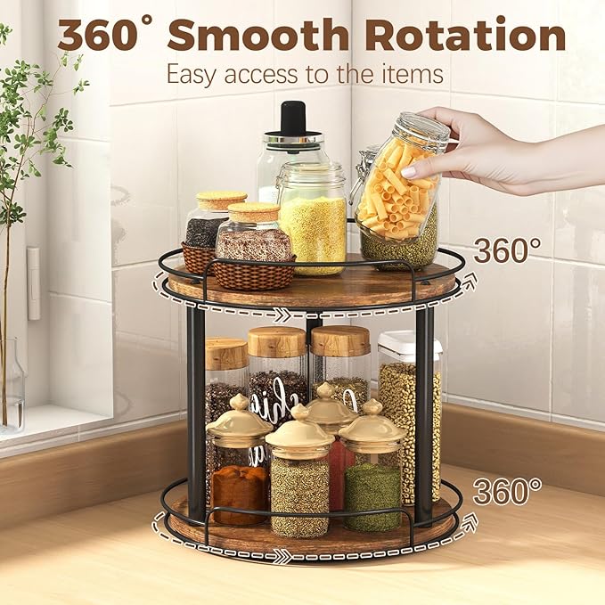 LAMU 12.2'' Wood Lazy Susan Turntable Organizer for Cabinet, 2 Tier Lazy Susan Spice Rack Organizer for Kitchen, Table Top, Countertop, Pantry, Bathroom