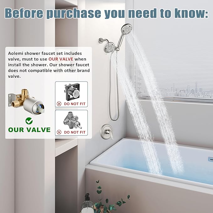 Aolemi Shower Faucet Set Rain Shower Head System Shower Trim Kit Pressure Rough-in Valve Included ABS 8 Setting Dual Shower Head and Handheld Spray Brushed Nickel
