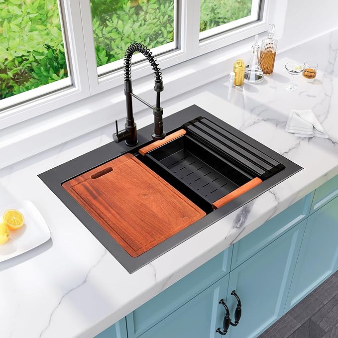 Drop In Black Kitchen Sink,Stainless Steel Sink 16 Gauge,Single Bowl Workstation Sinks (Black, 28" X 22")