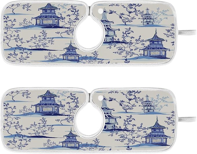 Kitchen Faucet Absorbent Mat, Ink Chinese Pagodas Trees Water Splash Guard for Sink, Faucet Drip Catcher Thicken Sponge Microfiber Faucet Water Catcher Mat Sink Absorbent Mat for Kitchen 30x5in 2Pack