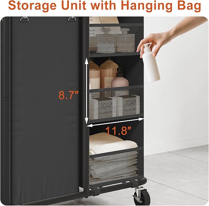 WOWLIVE Laundry Sorter with Wheels 100L Rolling Laundry Hamper with Hanging and Removable Bag Laundry Cart with Steel Frame and Storage Unit Large Basket Organizer for Dorm Room, Bathroom (Black)