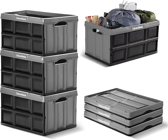 CleverMade Collapsible Storage Bins - Ocean 3 Pack 62L / 16 Gal holds 100 lbs - Stackable Containers Heavy Duty Capacity Crates-Space-Saving