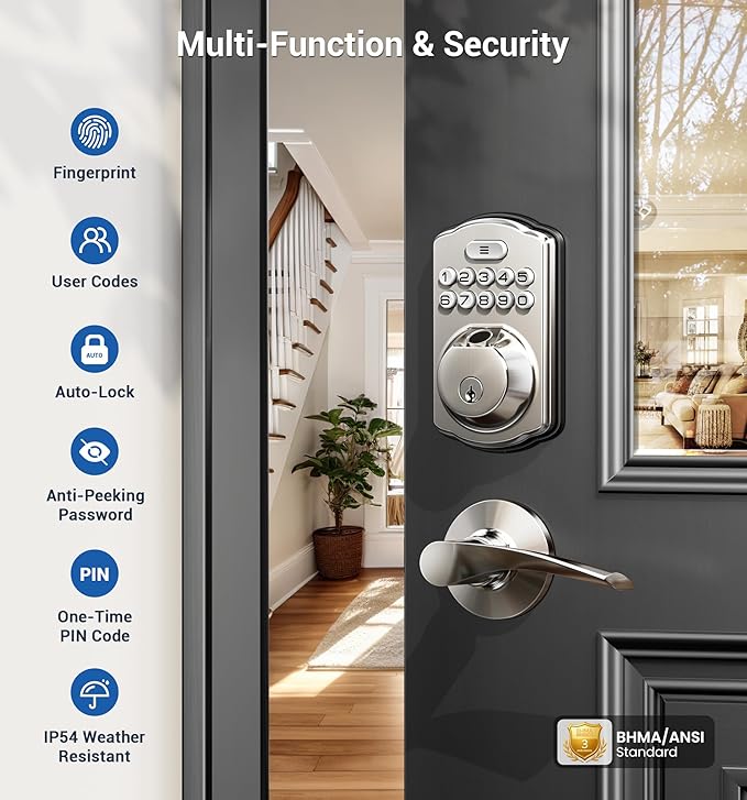 Veise Fingerprint Door Lock with 2 Lever Handles - Keyless Entry Door Lock, Electronic Keypad Deadbolt, Digital Smart Code & Front Handle Sets, Auto-Locking, Easy Installation, Satin Nickel