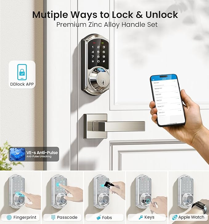 Veise VE07-L Fingerprint Smart Locks for Front Door with Zinc Alloy Handle Set, App Control, Keyless Entry, Electronic Digital Keypad Deadbolt, Auto Lock, Waterproof, Easy to Install, Matte Black