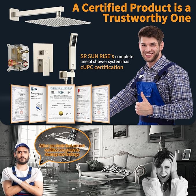 SR SUN RISE 12 Inches Bathroom Luxury Rain Mixer Shower Combo Set Wall Mounted Rainfall Shower Head System Brushed Nickel Finish Shower Faucet Rough-In