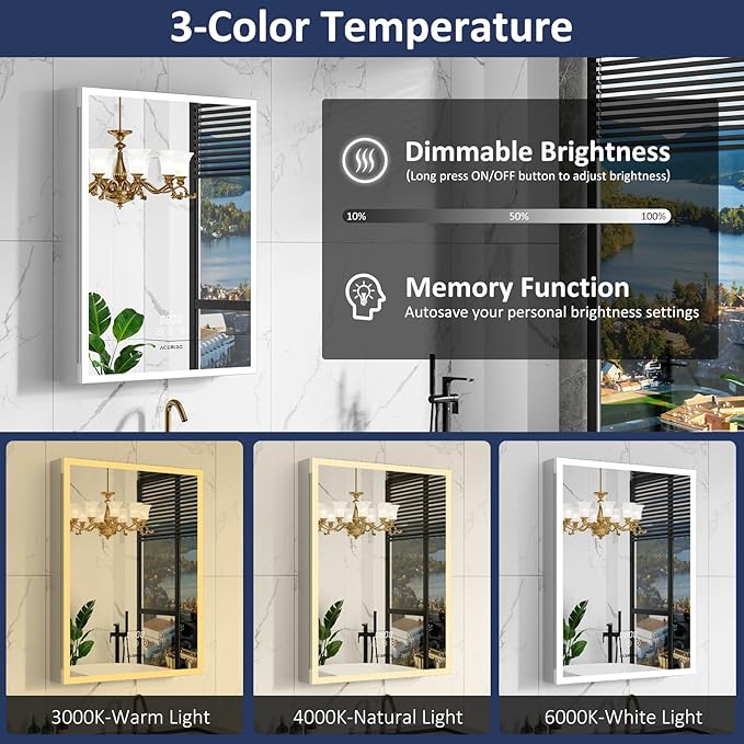 24"×32" Medicine Cabinet with Mirror and Lights, Surface or Recessed LED Bathroom Mirror Cabinet with Outlet & USB Ports, Defogger, Dimmer, Memory Function, Clock & Temp, Door Right Open