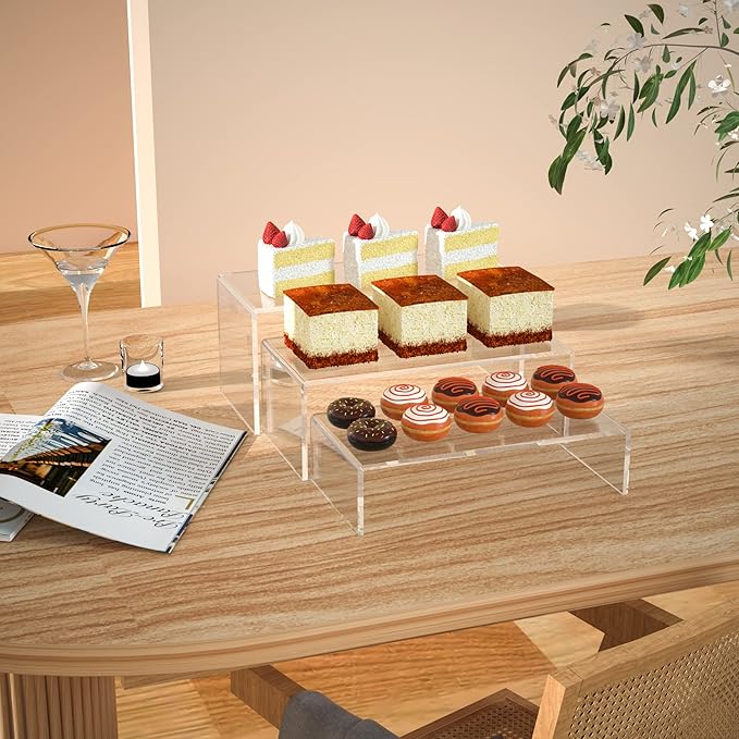 Clear Riser Shelf 3pcs, Desktop Rectangular Acrylic Display Shelves Organizer, Acrylic Stands for Funko Pop Figure, Perfumes, Bags, Shoes, Glasses, Plants, Toys, Collectibles - 8''x8.5''x9''