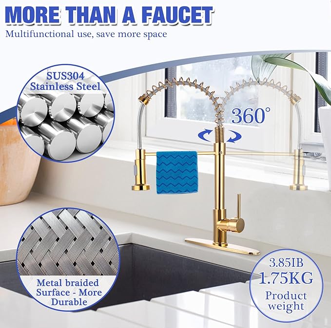 Kitchen Faucets Gold Kitchen Faucet with Pull Down Sprayer RV Kitchen Sink Faucet Stainless Steel Kitchen Faucet Single Hole Kitchen Faucet Sprayer Gold Sink Faucet Kitchen Modern Tall Kitchen Faucet
