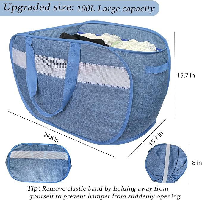 100L Mesh Pop Up Laundry Hampers with Handles, Extra Large Collapsible Laundry Baskets 2 Pack, Portable Travel Laundry Basket, Dirty Clothes Hamper Light Breathable, Bule. 2H