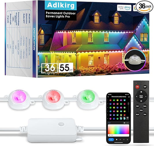 Permanent Outdoor Lights, Smart RGB+IC Lights Outdoor (Multi Scene Modes), 55ft with 36 LED Lights, IP67 Waterproof for House Decor, Work with Alexa, Google Assistant, Quick Installation