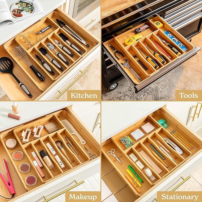 SMIRLY Silverware Drawer Organizer – Bamboo Kitchen Drawer Organizer, Adjustable Utensil Holder and Cutlery Tray, Drawer Dividers for Flatware and Kitchen Utensils