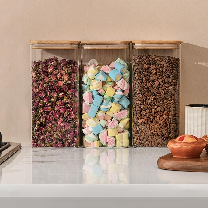 64oz Rectangle Airtight Glass Storage Containers with Bamboo Lids (Set of 4), Square Food Storage Jar, Pantry Organizers for Cereal, Flour, Pasta and Coffee beans (‎with Black Lable)