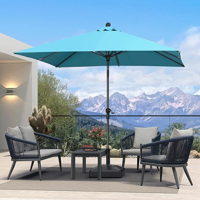 PURPLE LEAF 8' x 8' Square Patio Umbrella Outdoor Table Umbrella Aluminum Frame Market Umbrella Sun Umbrella with 8 Sturdy Ribs Tilt for Garden Deck Lawn Pool Light Turquoise Blue