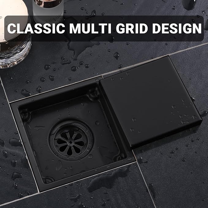 4 Inch Shower Floor Drain, SUS304 Stainless Steel Square Bathroom Floor Drain with Flange Reversible 2-in-1 Cover Insert Tiles for Filtering, Matte Black