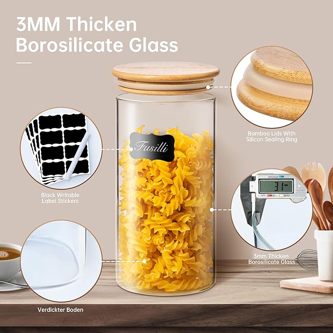 Multi Size - 5 Pack Glass Jars with Bamboo Lids, Glass Pantry Storage Containers with Airtight Lids, Round Air Tigh Food Storage Canisters for Cereal, Pasta, Flour, Sugar, Best for Kitchen Organizer