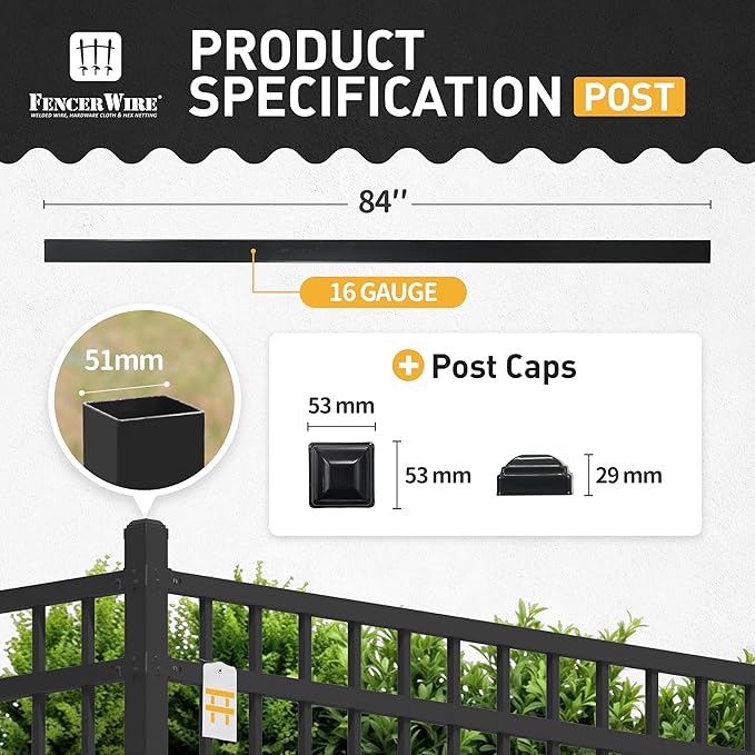 Fencer Wire Heavy Duty 7FT Outdoor Steel Fencing Border Post - Pack of 10, 16 Gauge Anti-rust Metal, 2" Diameter Decorative Garden Fence, Black, FPSPS16-B7X10 FW5P