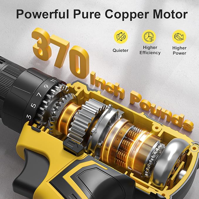 Cordless Drill Set, 20V Power Drill with Power Pack 2.0Ah and Charger, 3/8-Inch Keyless Chuck Electricdrill, 25+1 Torque, 42pcs Drilldriver Bits/Screws for DIY Projects (Yellow)