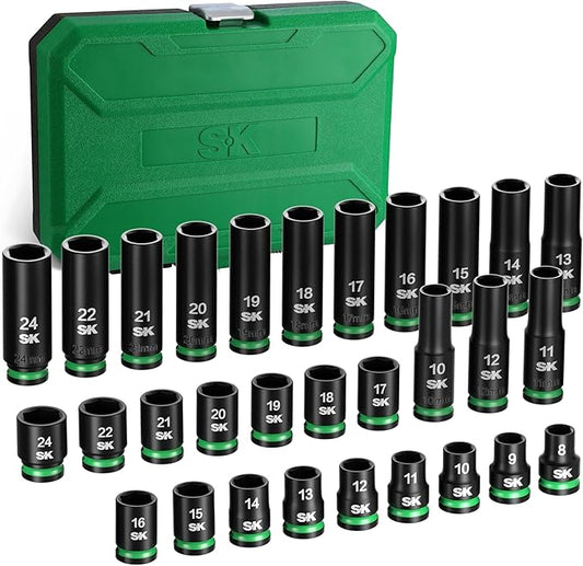 SK 1/2" Drive Impact Socket Set, 30-Piece Metric Sockets, Deep 10mm to 24mm, Shallow 8mm to 24mm, Premium CR-MO Steel, SureGrip 6 Point Design, With Storage Case