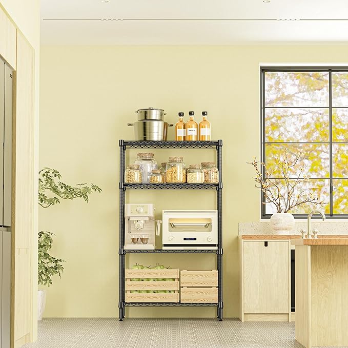 IZEUK 4-Tier Black Metal Storage Shelves, Heavy Duty Adjustable Wire Shelving Rack for Garage, Kitchen, Bathroom, Closet Organizer, 1000 lbs Capacity, 15.7" D x 33.5" W x 59.5" H