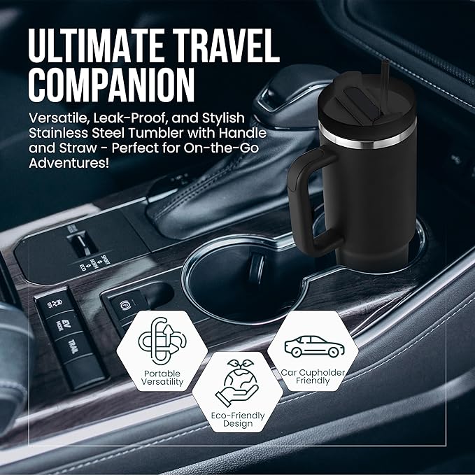Generic Cup Inspired 40oz Insulated Water Tumbler with Handle & Straw - Vacuum Sealed Travel Mug for Hot & Cold Drinks, Ideal for Office & Home (Black)